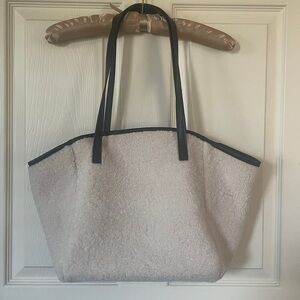 Neiman Marcus Cream Faux Shearling Tote with Black Trim